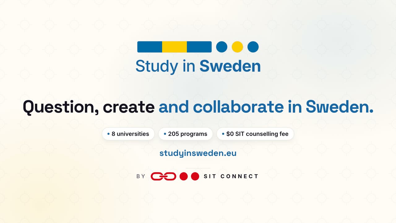 Promotional video about studying in Sweden: a student pass stamped admitted, six application steps completed one by one, and student cities in Sweden.